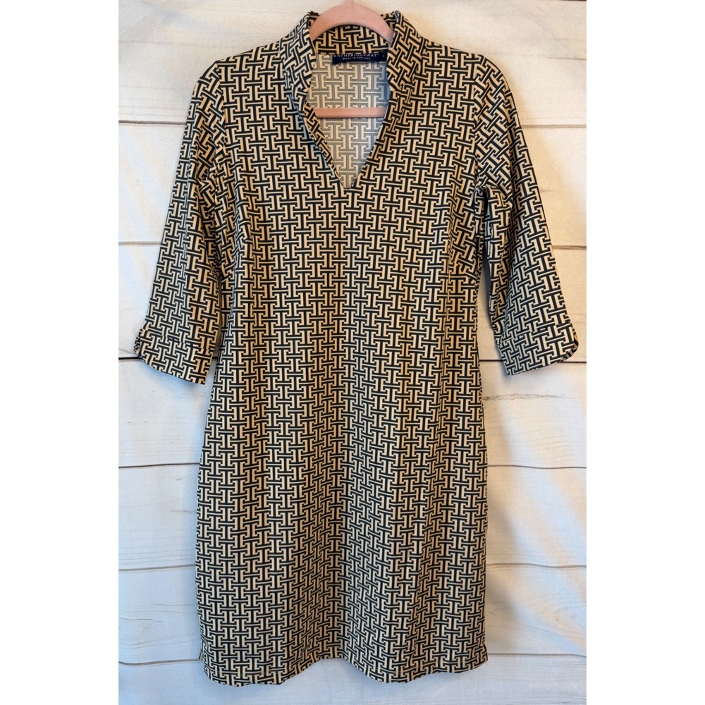 Katherine Way Tan Black Geometric Greek Key V-Neck Shift Dress Small Made in USA